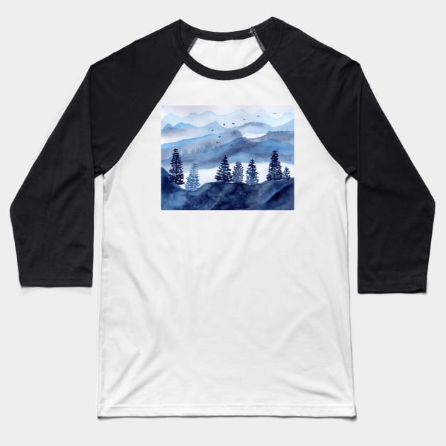 Dreamy Mountains with Fog in Light Blue and Indigo Baseball T-Shirt by Sandraartist